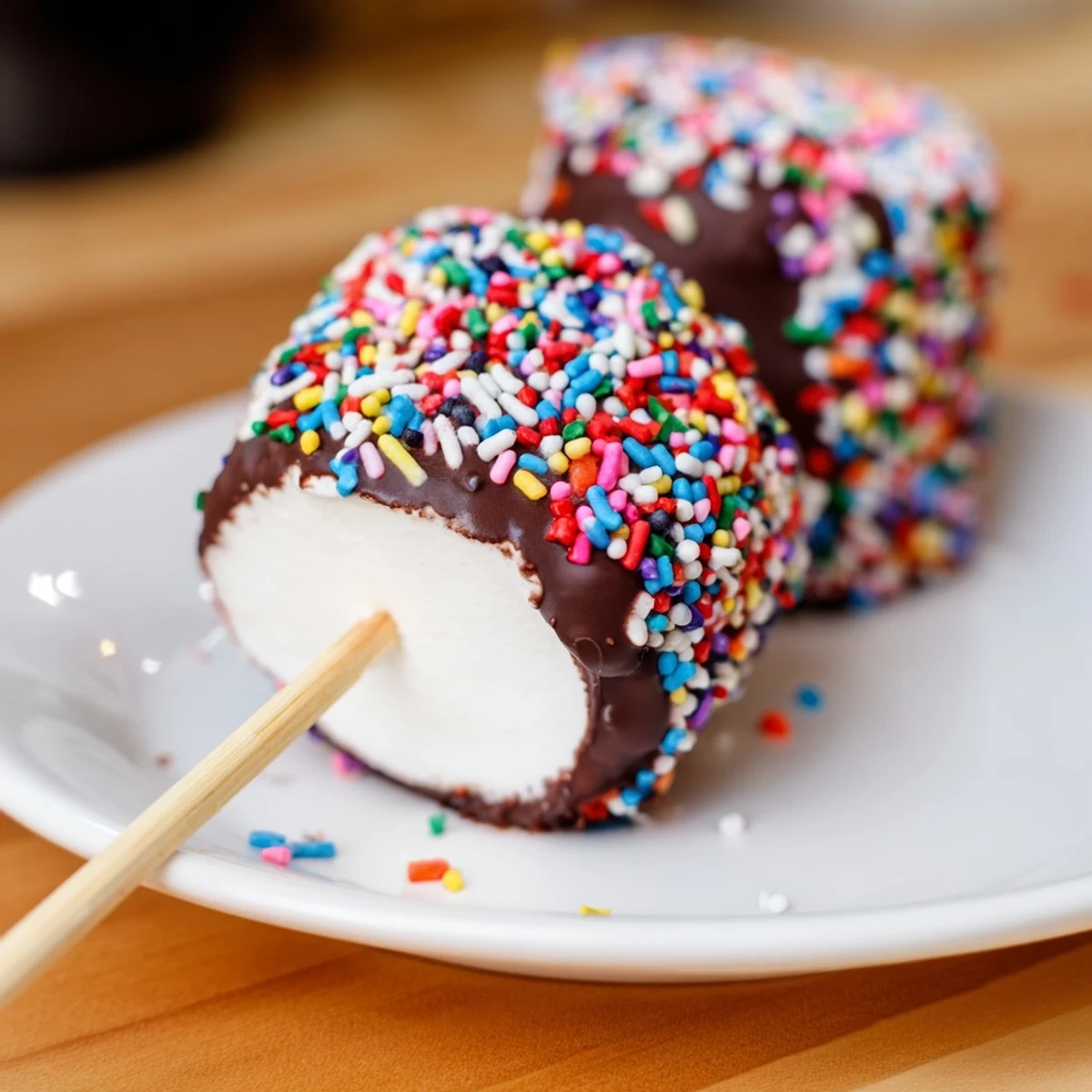 Homemade Dipped Marshallows with Sprinkles on sticks, fresh from the baking sheet, ready to eat.