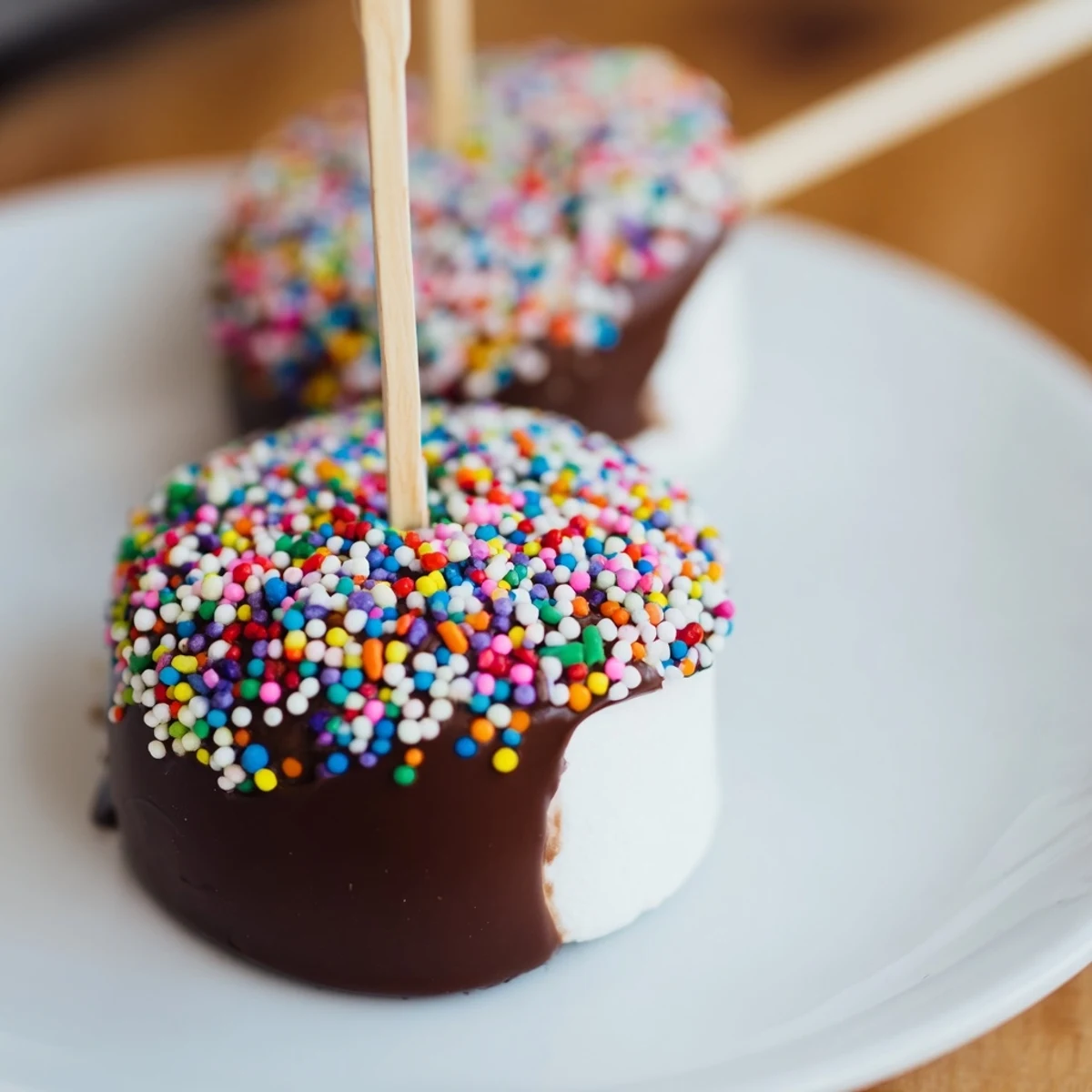 Close-up view of chocolate Dipped Marshmallows with Sprinkles, highlighting a sweet party dessert idea.