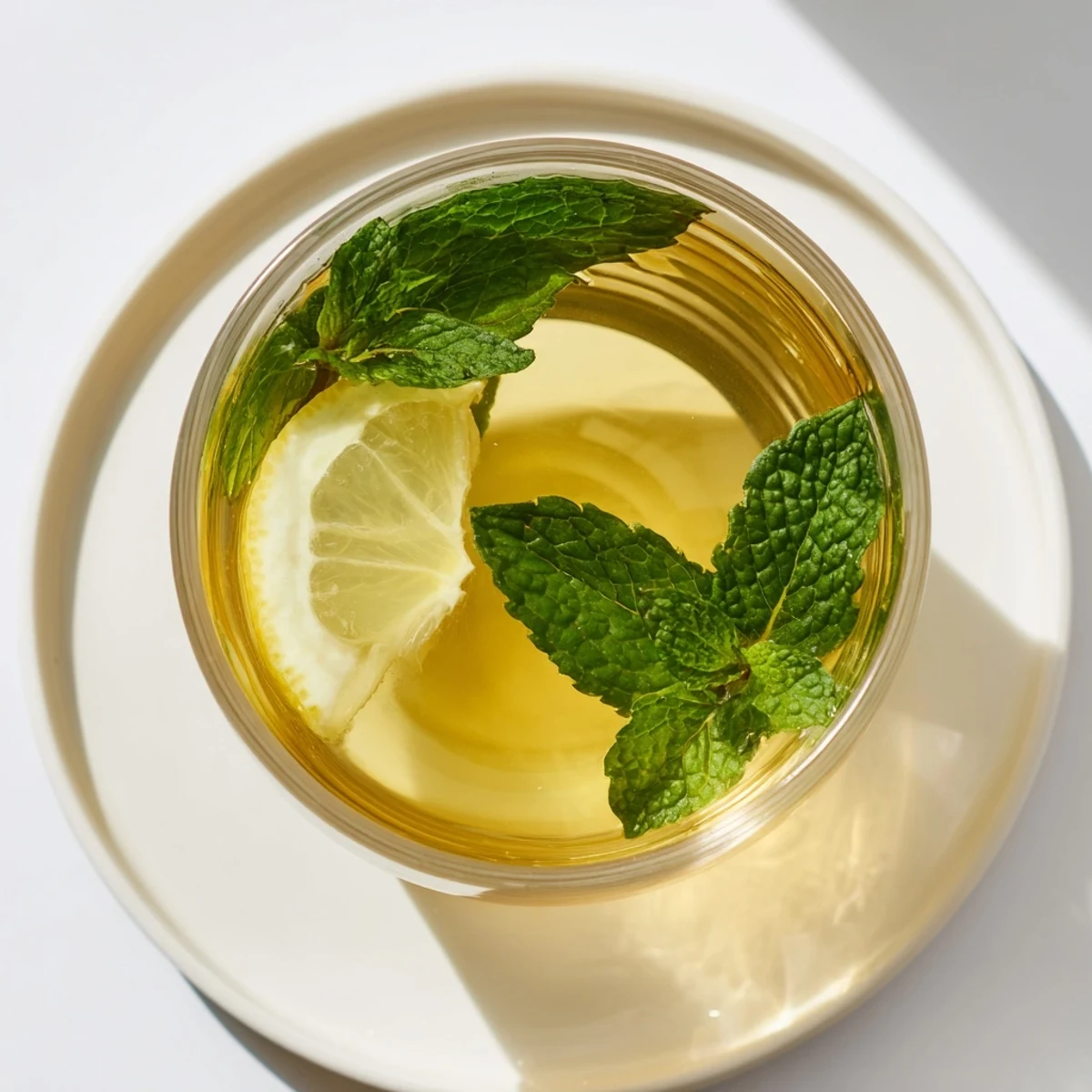 Frosted glass of homemade Mint Tea with Honey and Lemon garnished with fresh mint leaves and lemon slices on a wooden table.