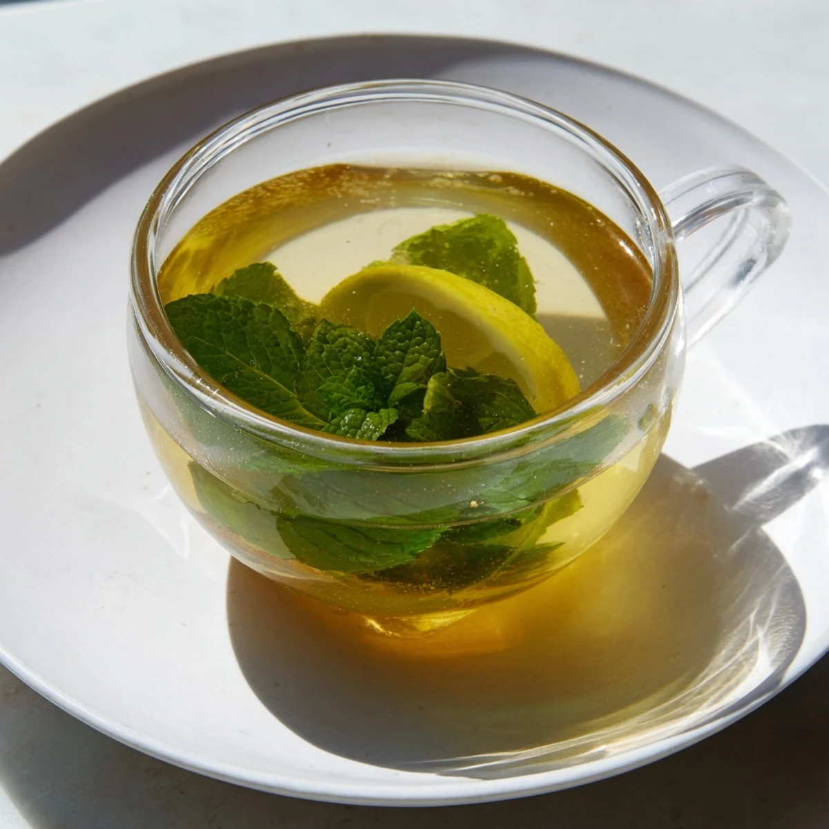 Hot Mint Tea with Honey and Lemon in a rustic mug, showing honey swirls and bright lemon wedges beside fresh mint.