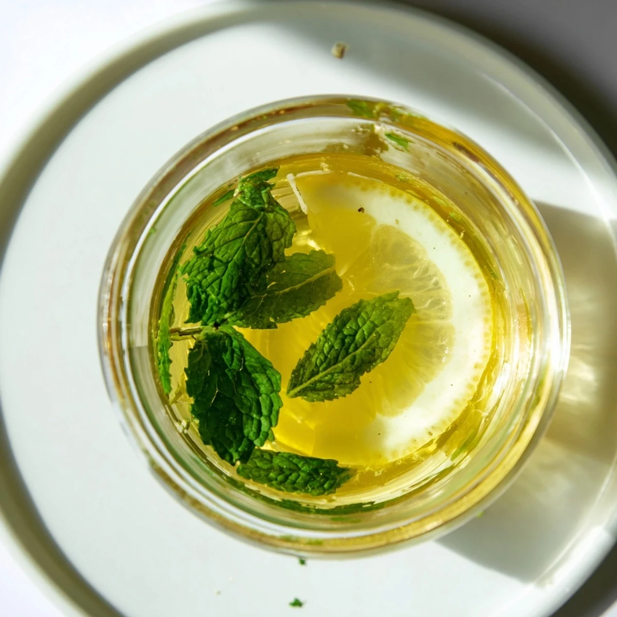 Close-up of steeped Mint Tea with Honey and Lemon, steam rising, lemon slices floating, fresh mint sprigs on a marble counter.