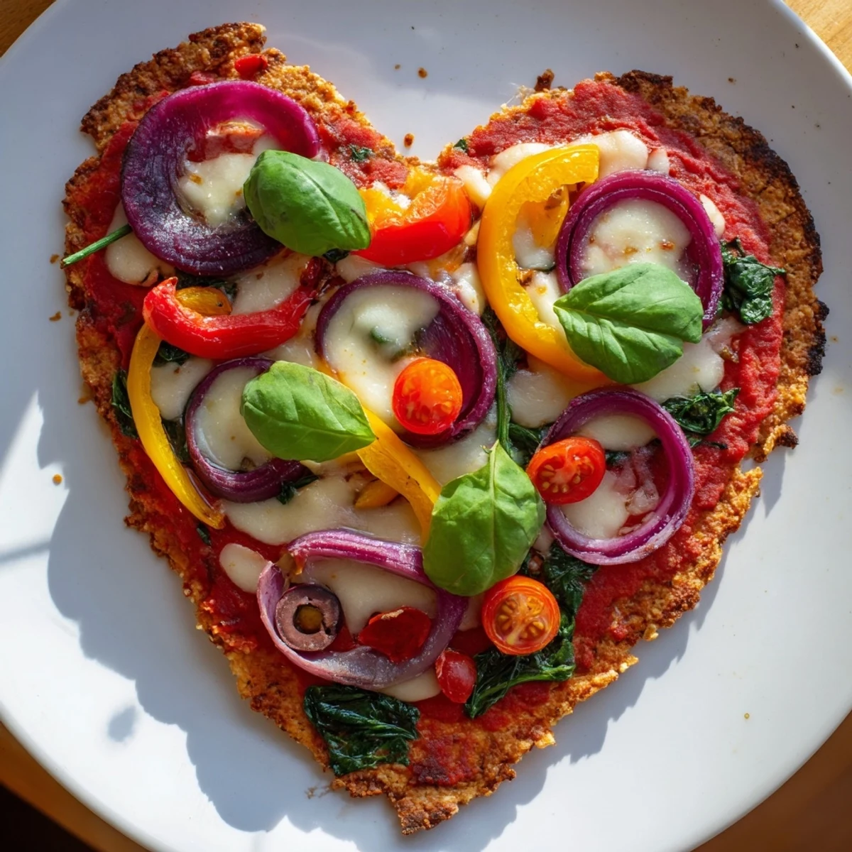 A slice of heart-shaped vegetable pizza topped with colorful bell peppers, red onion, cherry tomatoes, spinach, and melted mozzarella cheese on a golden crust.  