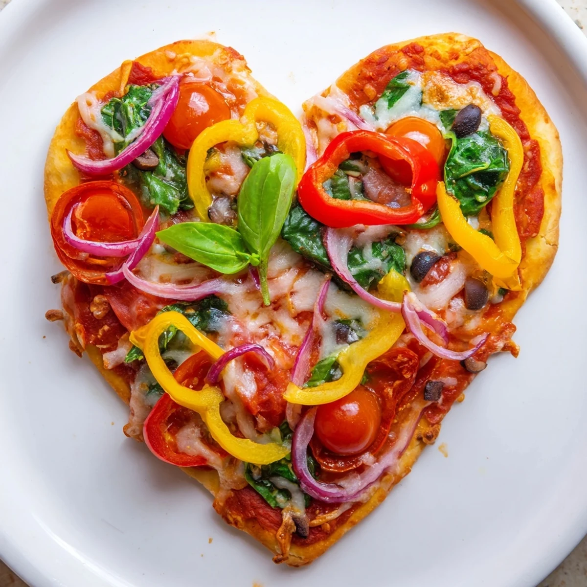 A freshly baked heart-shaped vegetable pizza with melted mozzarella, sliced bell peppers, red onion, cherry tomatoes, and spinach, garnished with fresh basil.