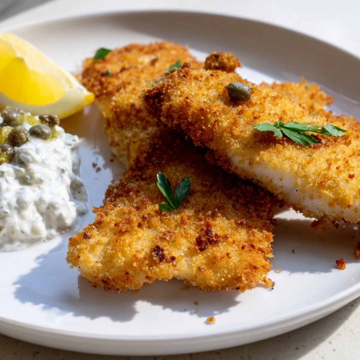 Freshly fried white fish fillets with golden breadcrumbs, served hot with tartar sauce and lemon for squeezing.