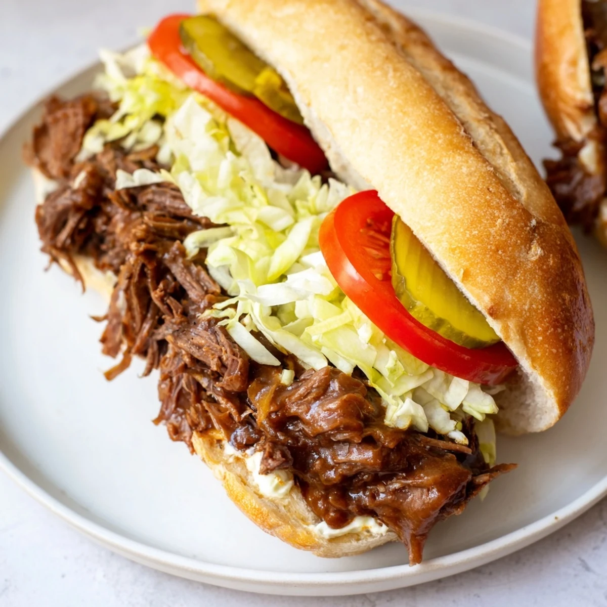 A close-up of a Roast Beef Po Boy Sandwich stacked high with tender shredded beef and savory gravy on a crusty French baguette.