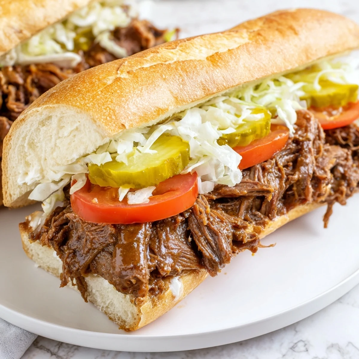 Freshly assembled Roast Beef Po Boy Sandwich served on a split baguette with mayonnaise and optional hot sauce for a classic New Orleans meal.