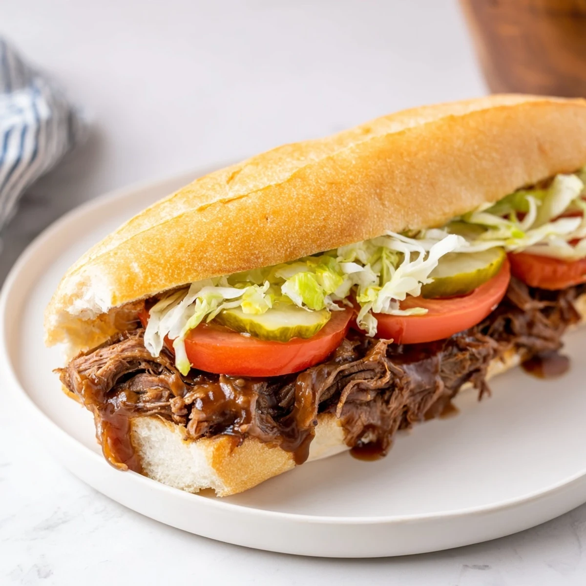 This Roast Beef Po Boy Sandwich features crisp lettuce, ripe tomato slices, and dill pickles layered over juicy roast beef.