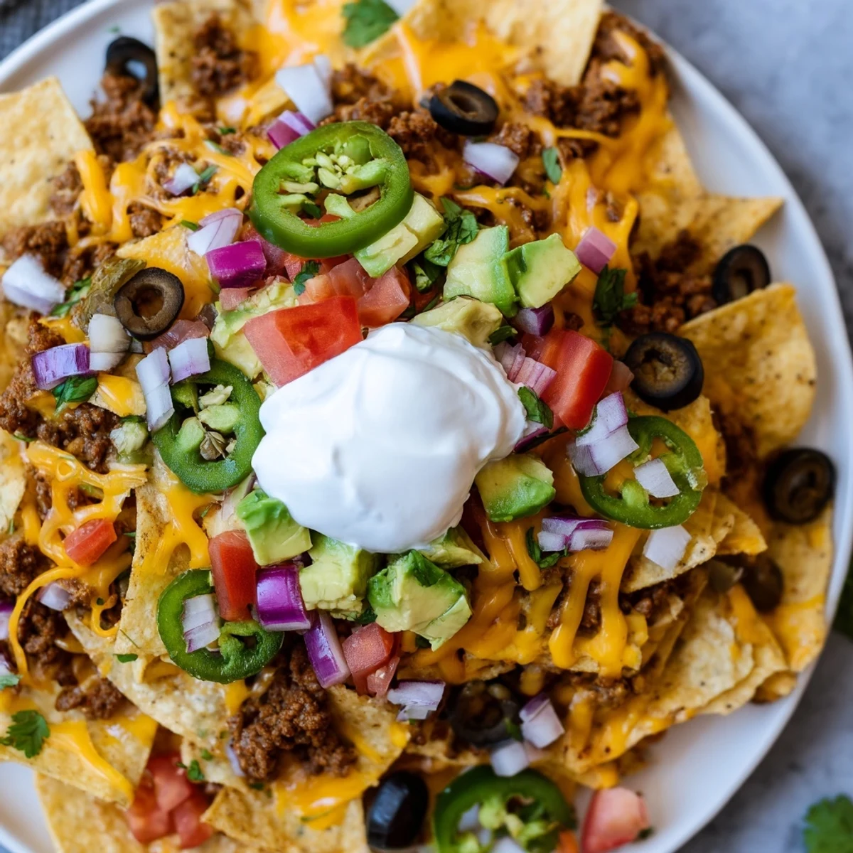 A close-up of golden, crispy tortilla chips piled high with seasoned ground beef, melted cheddar and Monterey Jack, diced tomatoes, onions, and a generous dollop of sour cream, garnished with fresh cilantro and avocado.