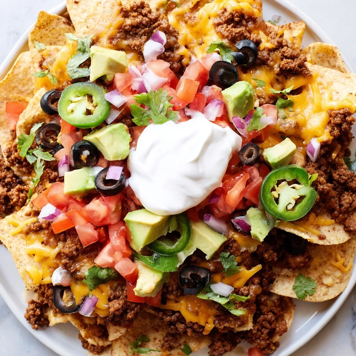 Nachos Supreme with Sour Cream served hot on a rustic platter, featuring a colorful medley of black olives, jalapeños, and fresh vegetables, ready for a game-day snack or family movie night.