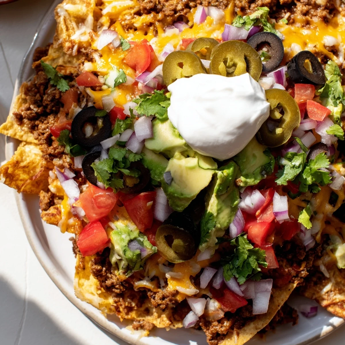 A vibrant platter of freshly baked Nachos Supreme with Sour Cream, showcasing bubbly melted cheese, vibrant diced toppings, and a cool drizzle of sour cream, creating the ultimate crowd-pleasing appetizer.