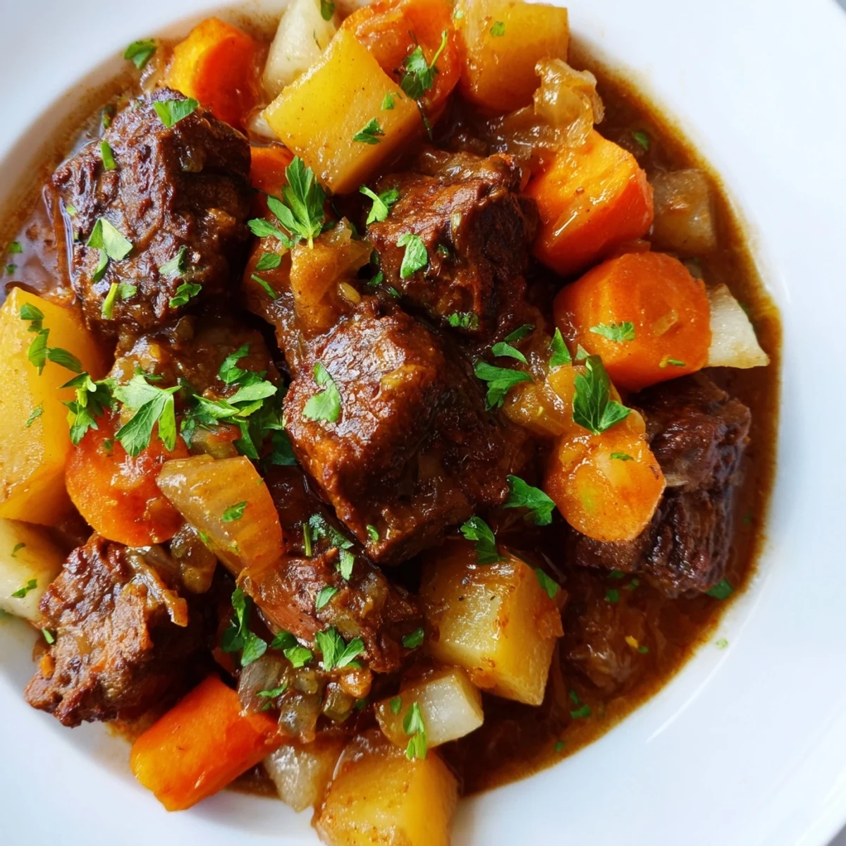 A close-up view of Lamb Stew with Root Vegetables, garnished with fresh parsley and served in a rustic bowl.  