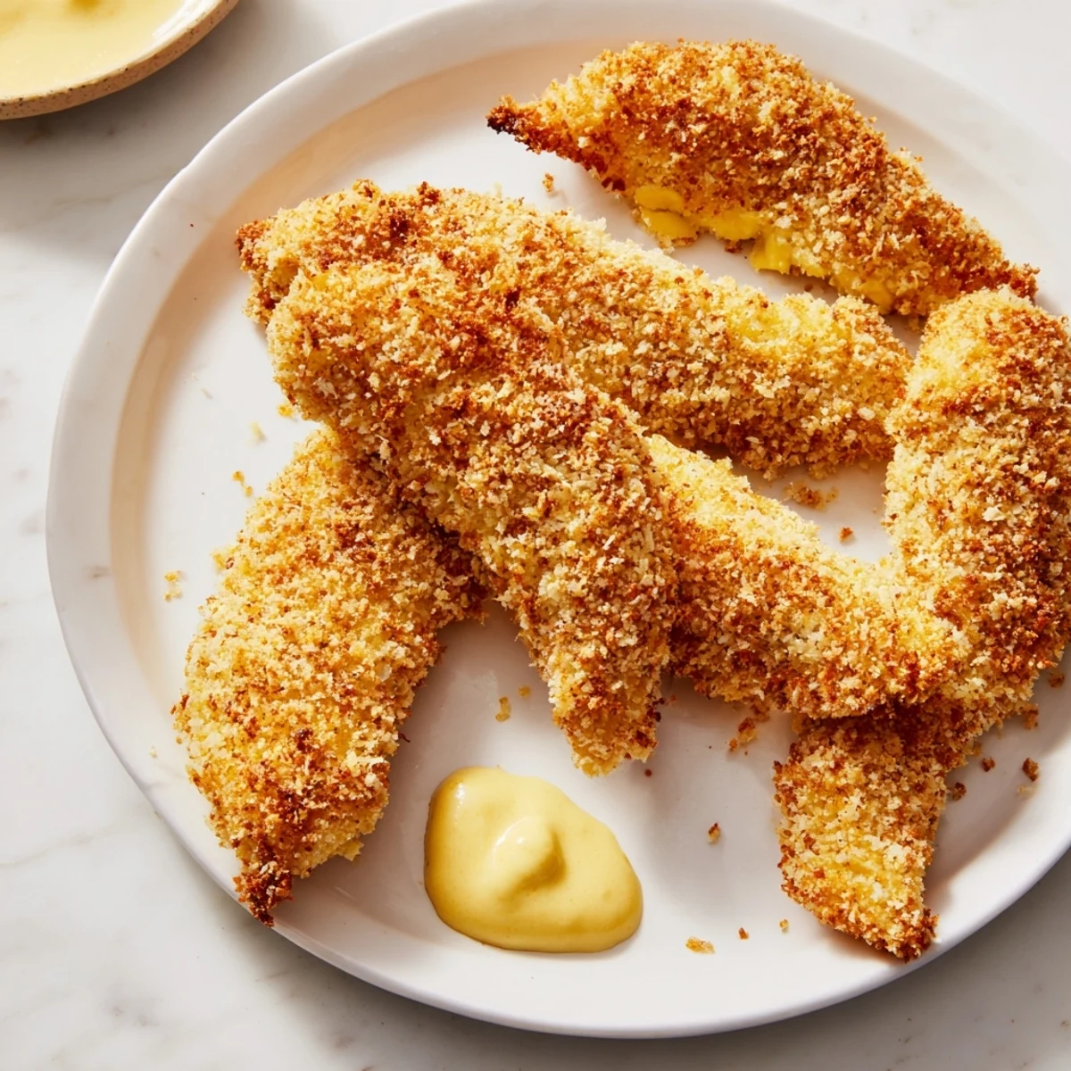 Freshly baked golden-brown Chicken Tenders with Honey Mustard resting on a tray, ready for a family dinner.