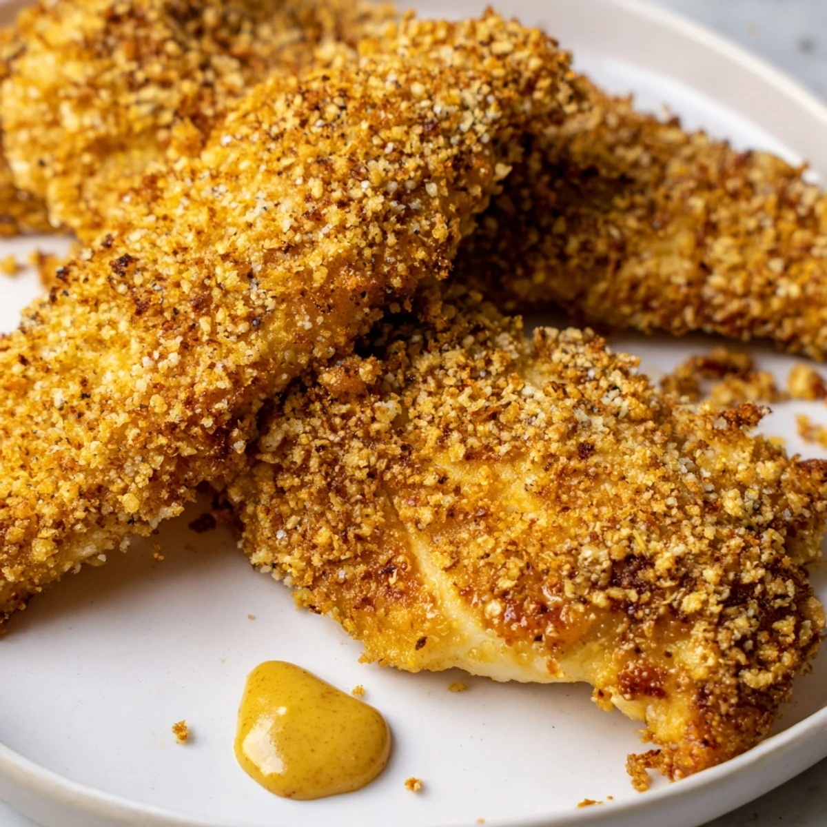 Crispy Parmesan-crusted Chicken Tenders with Honey Mustard stacked on a plate with a creamy dipping sauce.