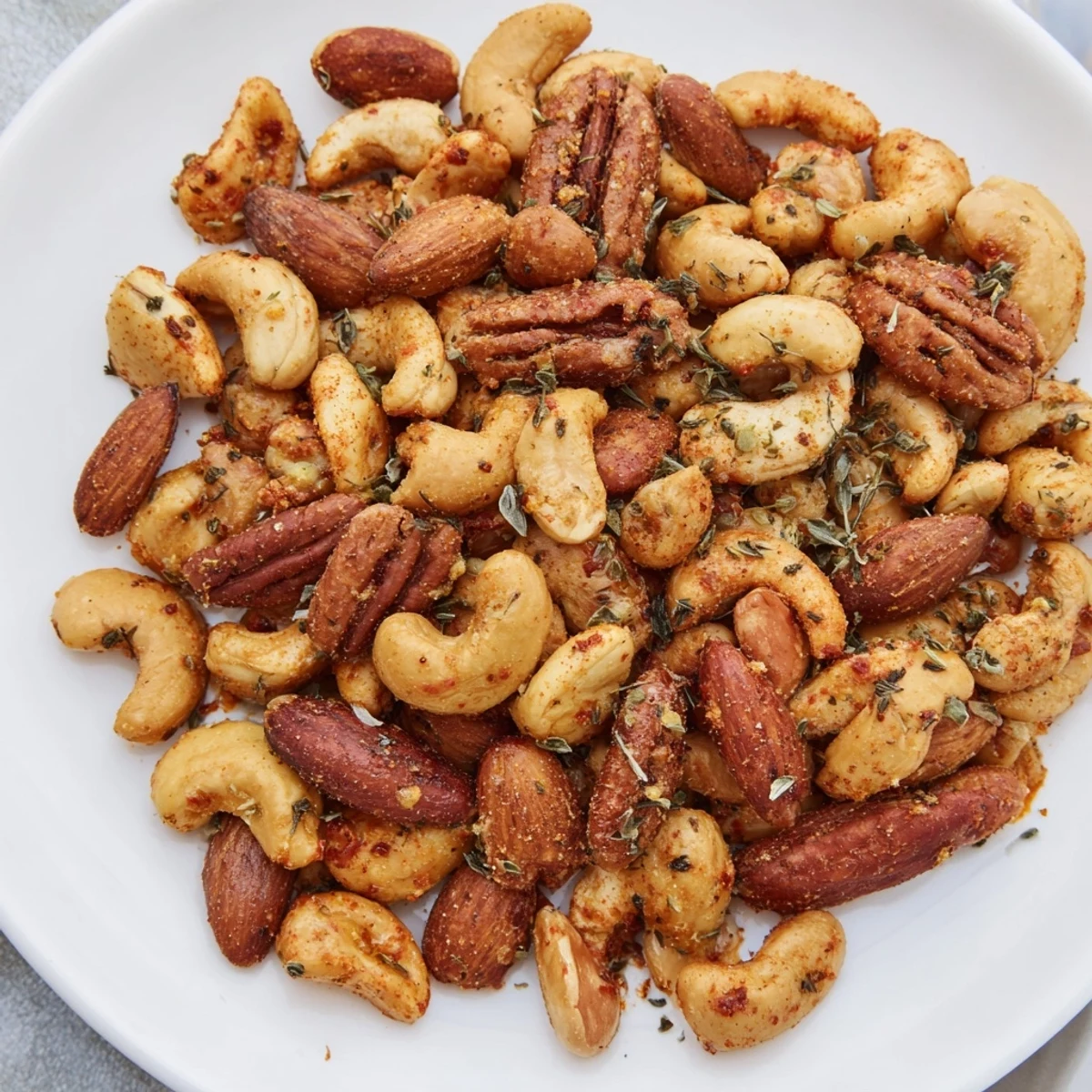 Golden-brown Spicy Nuts Mix with Cajun Seasoning cooling on a parchment-lined tray, releasing a smoky aroma.