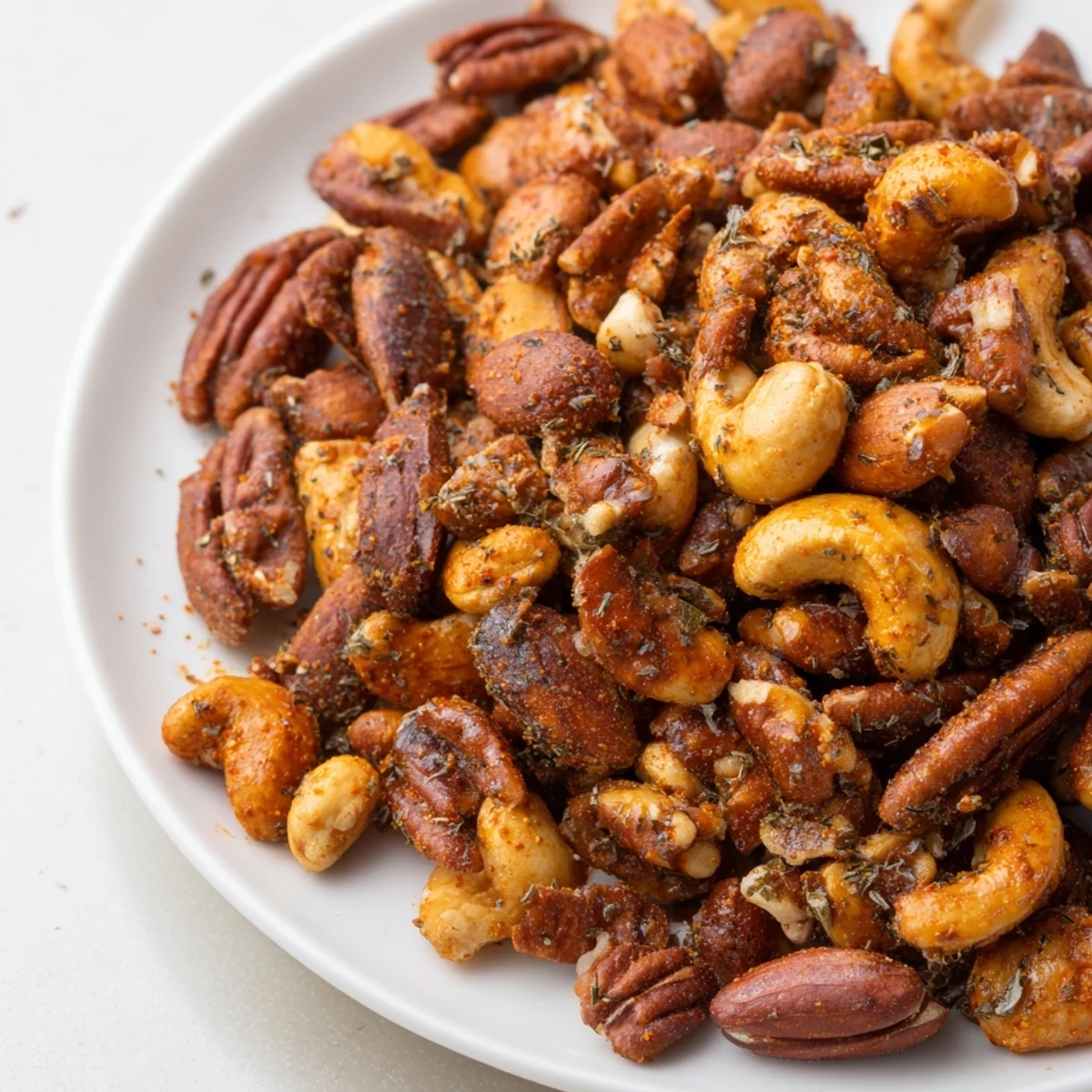 Crispy Spicy Nuts Mix with Cajun Seasoning in a rustic jar, topped with a sprinkle of fresh herbs.