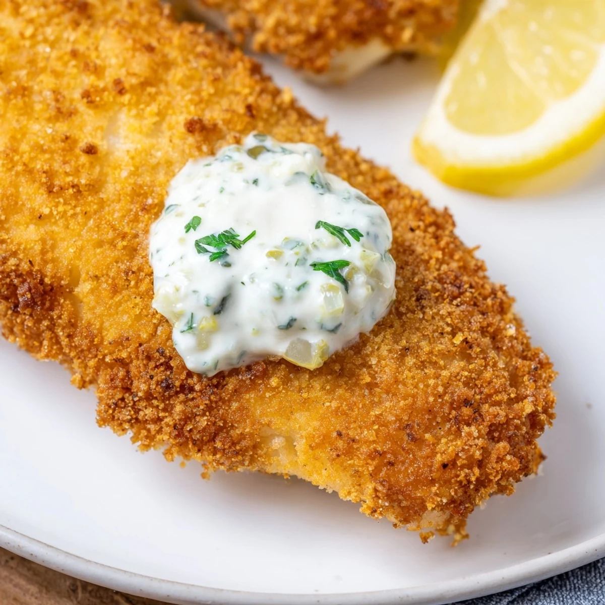 A rustic platter of Fish Fry with Tartar Sauce served alongside fries and a small ramekin of sauce.
