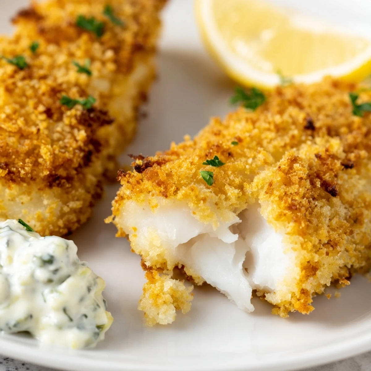 Close-up of crispy Fish Fry with Tartar Sauce, showing flaky white fish inside the crunchy crust.