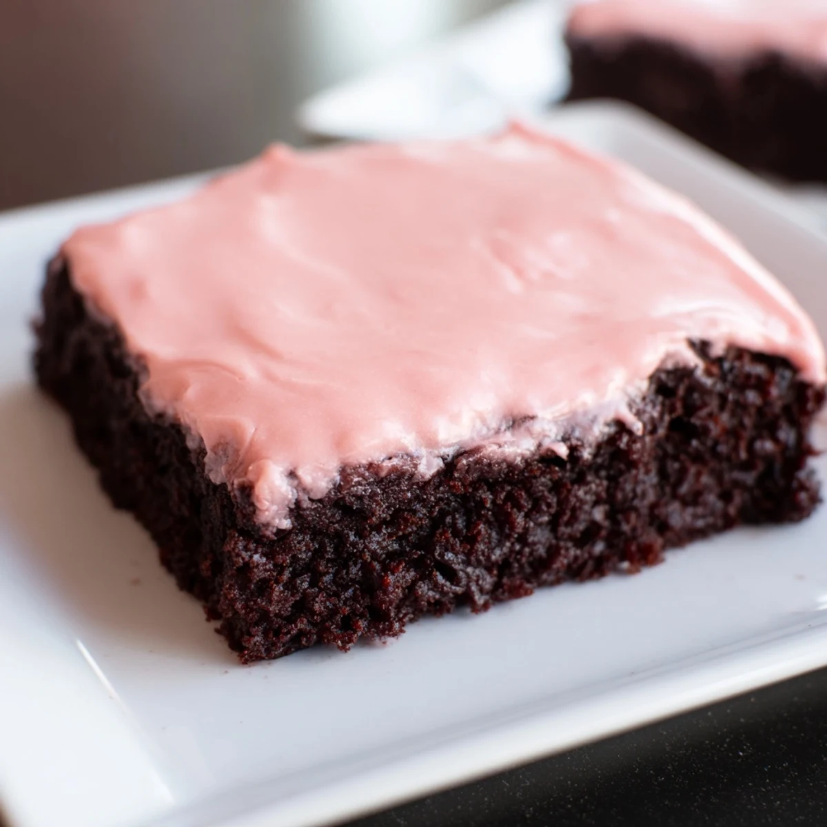 Freshly cut squares of Brownies with Pink Frosting on a white plate, ready to serve.