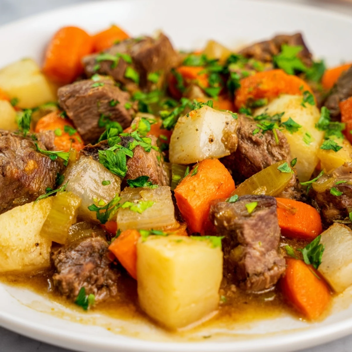 Tender lamb cubes and colorful root vegetables simmer in a rich, aromatic broth in a cozy Dutch oven.