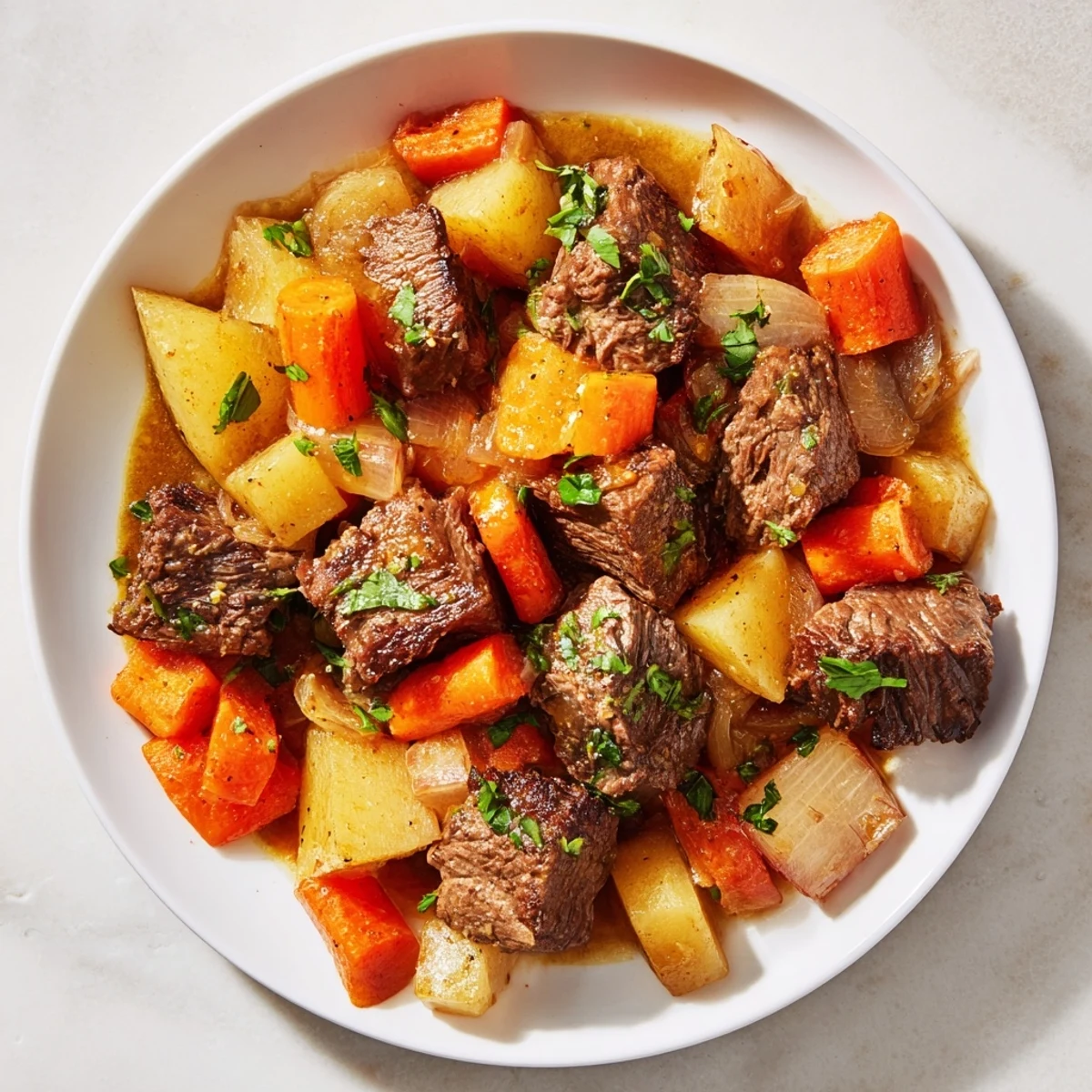 A spoon lifts a hearty serving of Lamb Stew with Root Vegetables, garnished with fresh parsley.