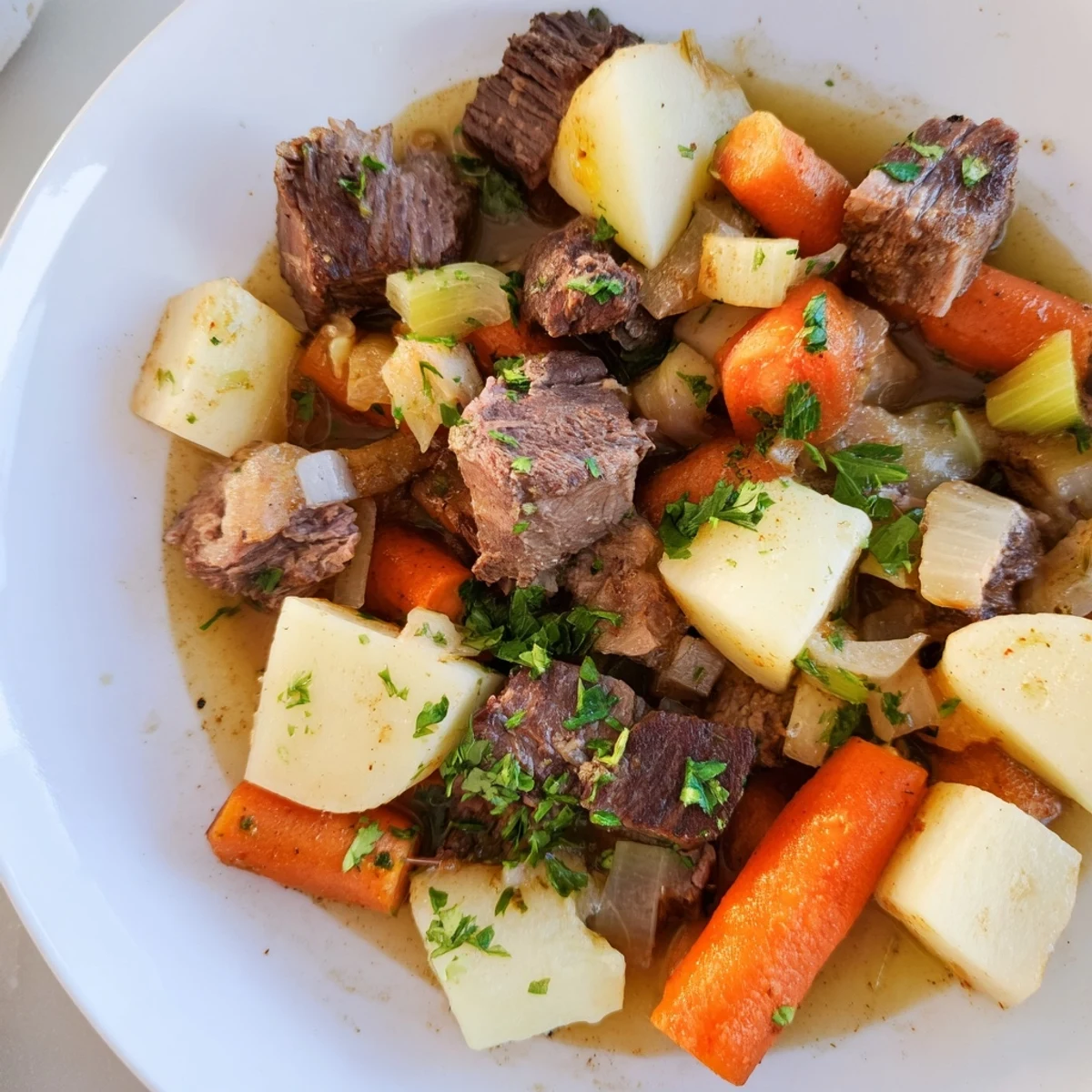 A white bowl filled with Lamb Stew with Root Vegetables, paired with a slice of rustic bread.