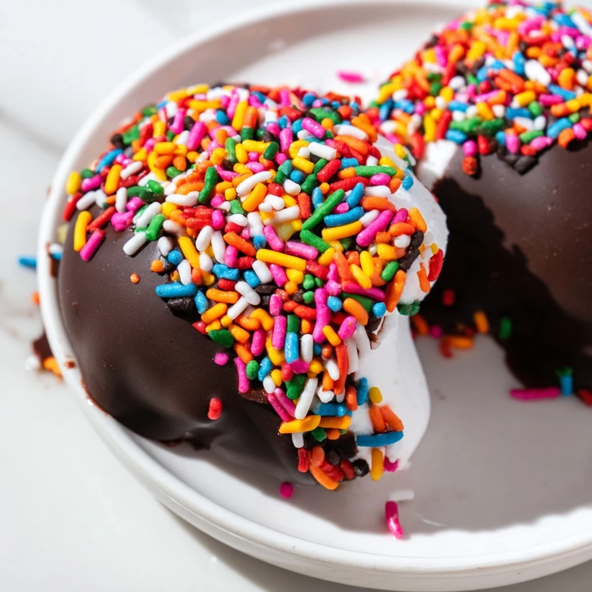 Fluffy marshmallows on sticks dipped in melted chocolate with colorful sprinkles, a fun party treat. Dipped Marshmallows with Sprinkles. 