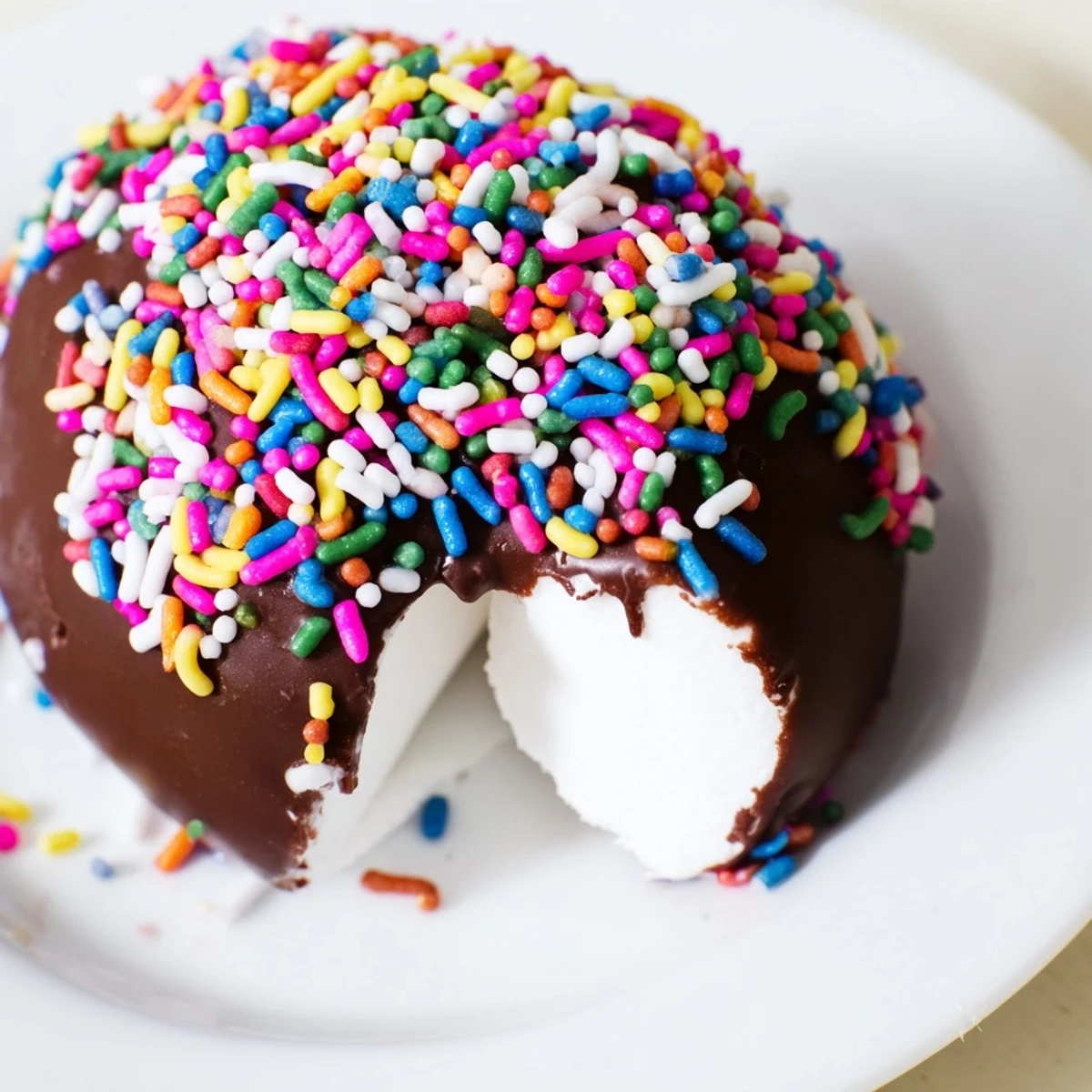 Golden marshmallows dipped in chocolate and rolled in bright sprinkles, a sweet dessert snack for celebrations. Dipped Marshmallows with Sprinkles.