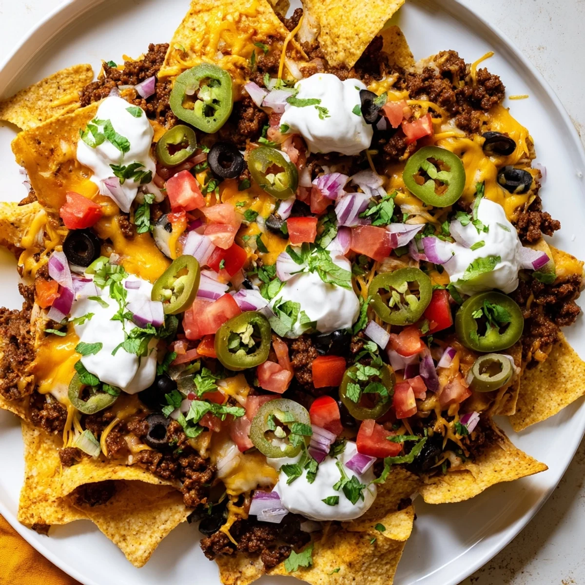 Hearty Nachos Supreme topped with sour cream, fresh cilantro, and black olives, served hot from the oven on a festive dish.