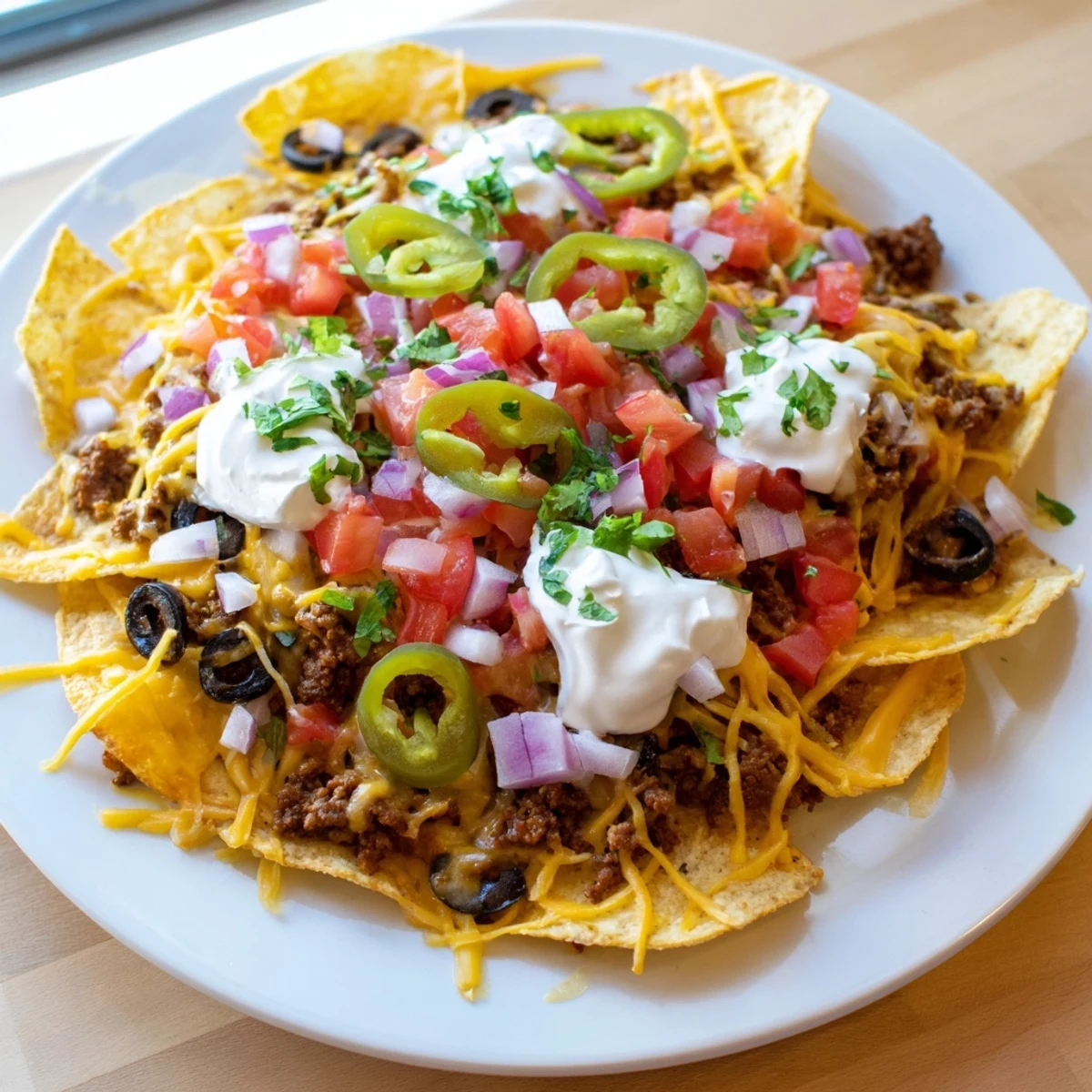 Loaded Nachos Supreme with melty cheddar and Monterey Jack, red onion, and avocado, perfect for sharing at a game-day party.
