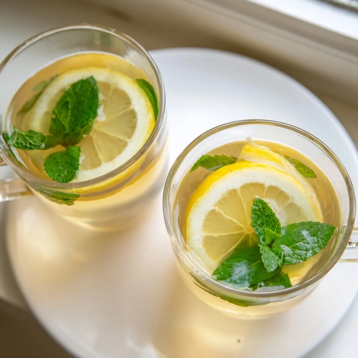 Freshly steeped Mint Tea with Honey and Lemon steams in a clear glass mug, garnished with mint leaves and a lemon slice.