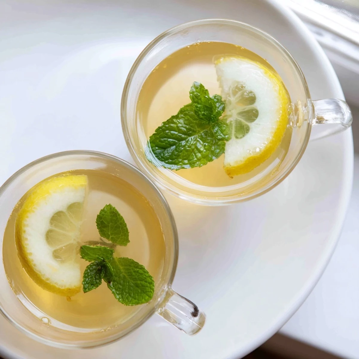 A pitcher of Mint Tea with Honey and Lemon is poured over ice, served with fresh mint and honey on the side.