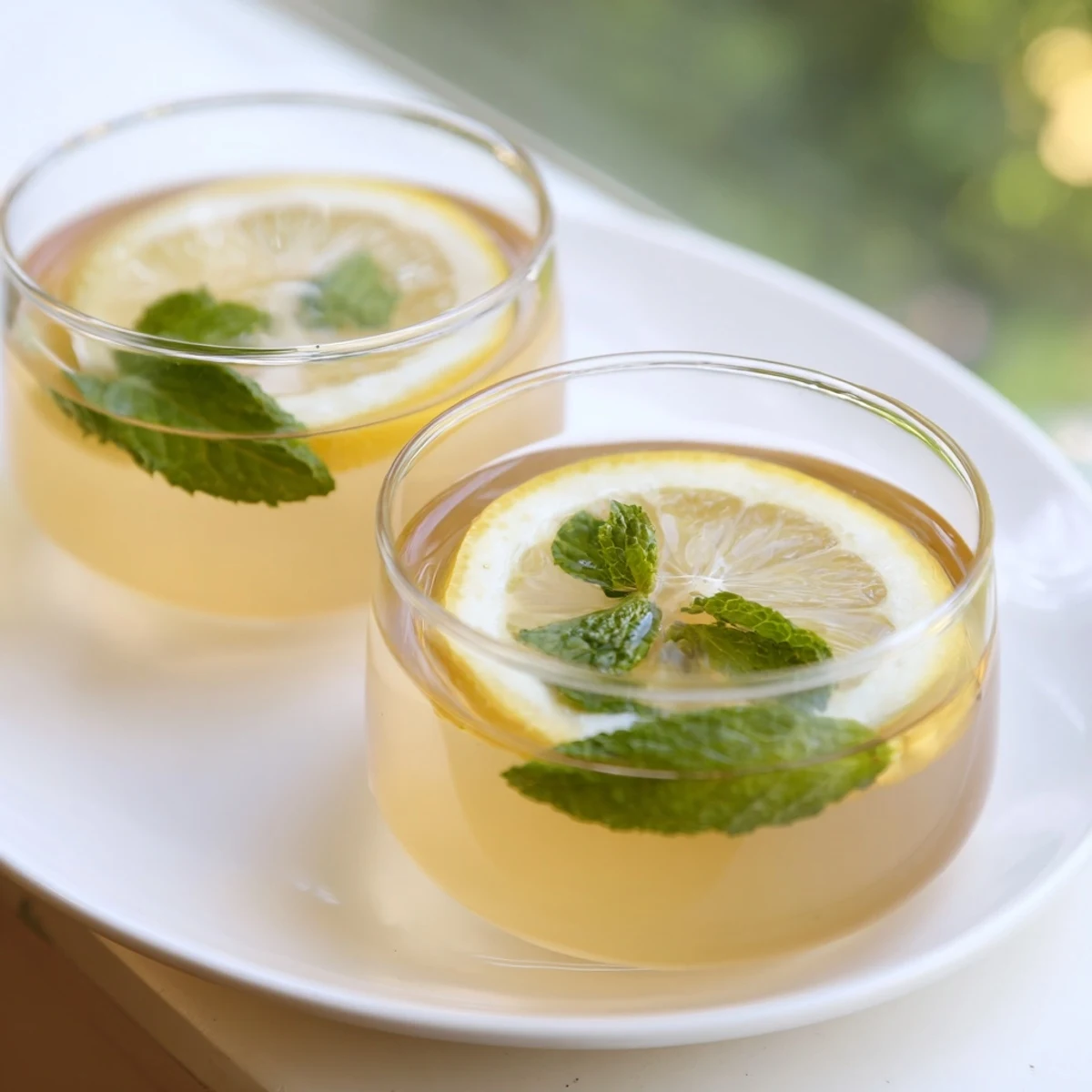 Close-up of a warm cup of Mint Tea with Honey and Lemon showing golden hue, lemon wheel, and vibrant green mint sprigs.