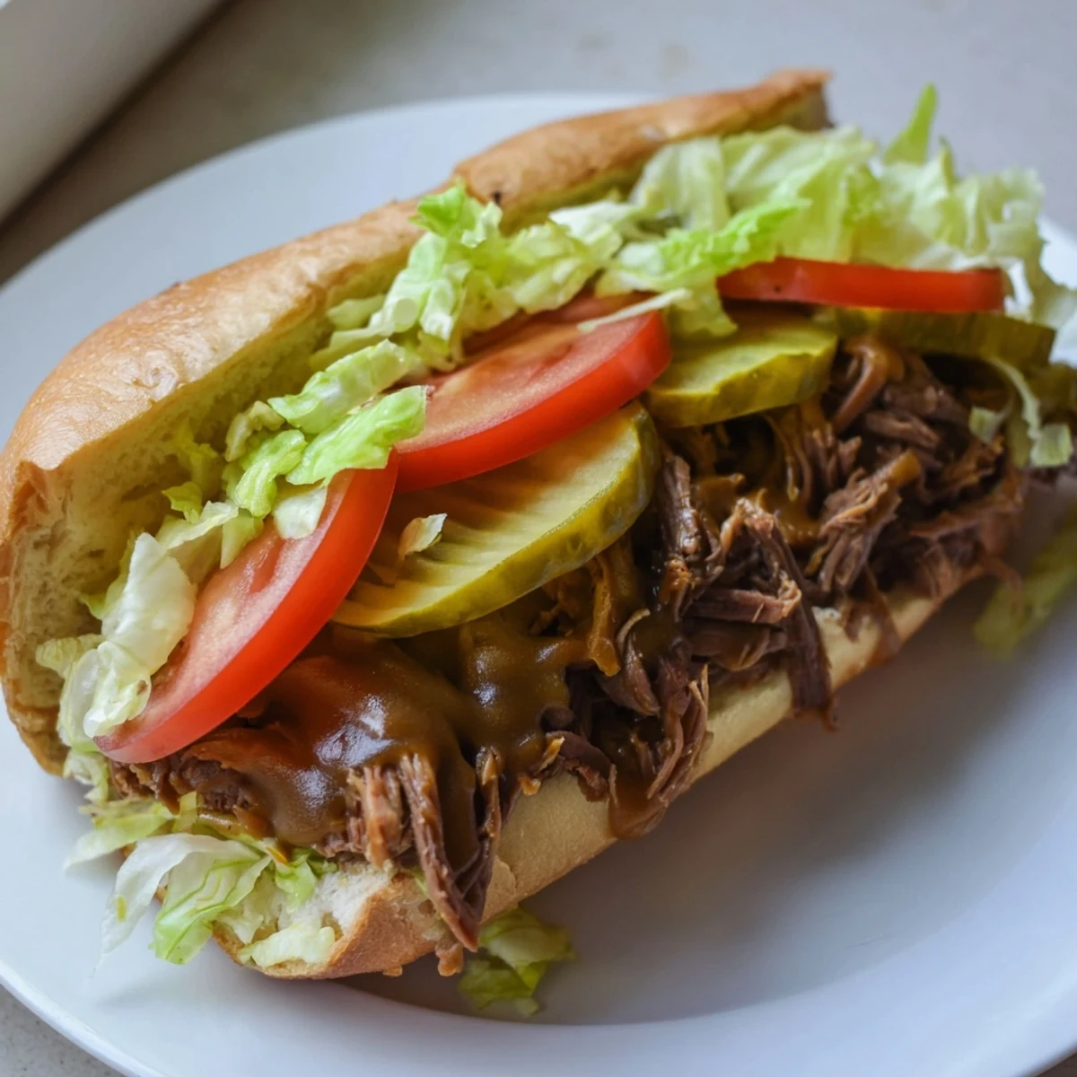Warm roast beef po boy with crisp lettuce, juicy tomato slices, and tangy dill pickles.