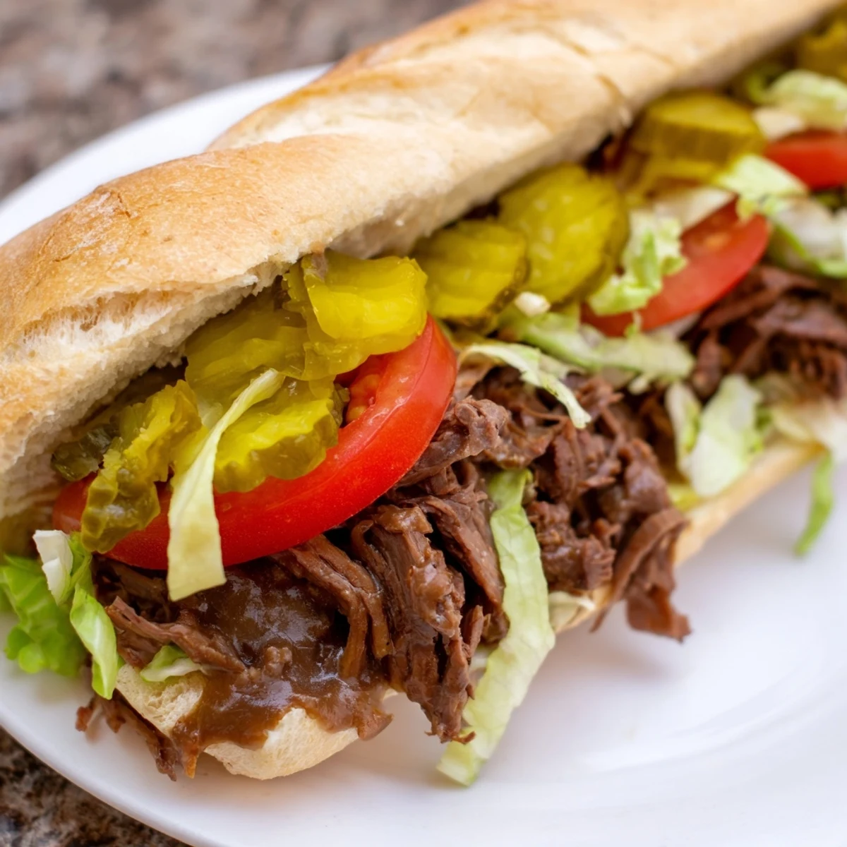 Classic New Orleans roast beef po boy sandwich, dripping with savory gravy and loaded with fixings.