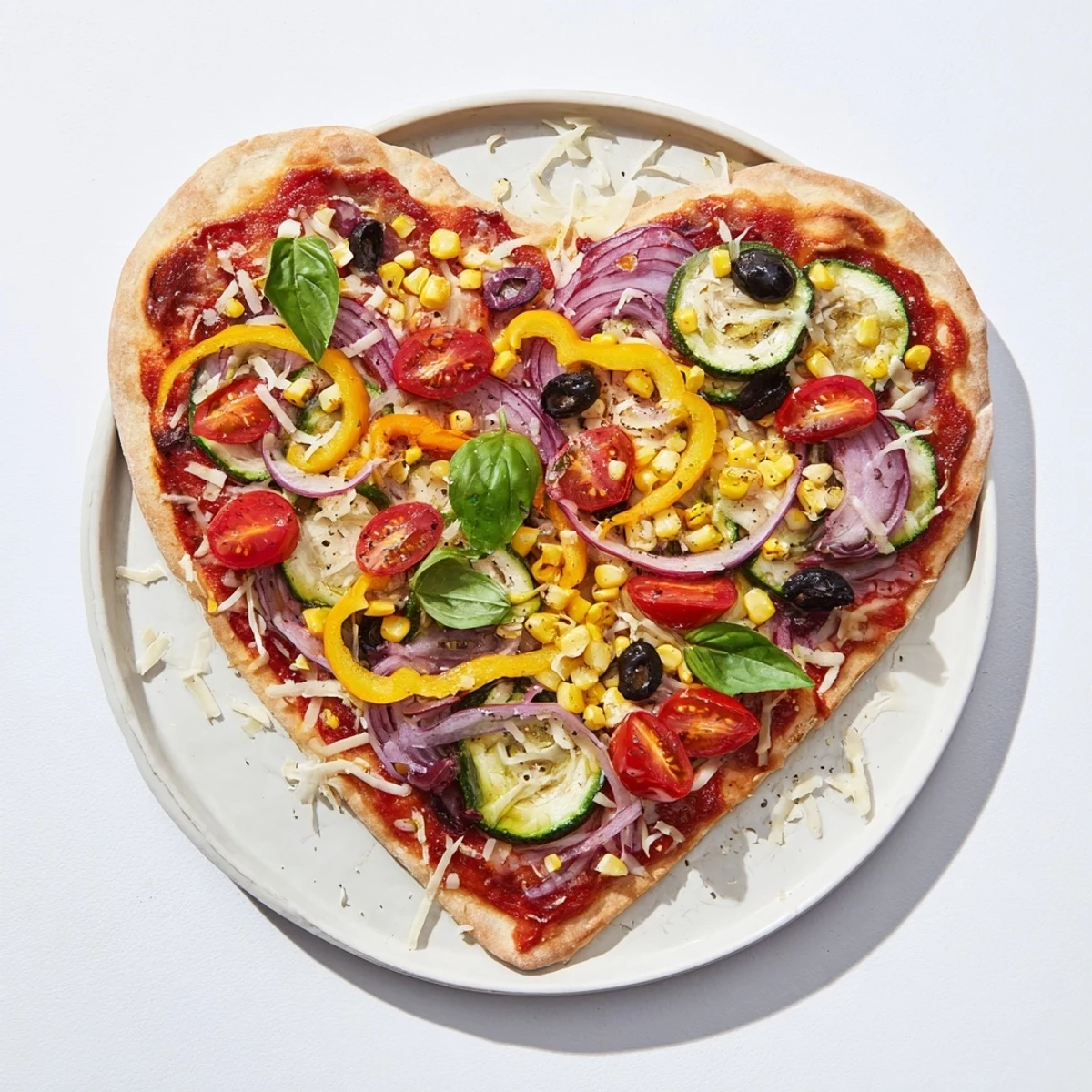 Golden-brown Heart Shaped Vegetable Pizza fresh from the oven, topped with vibrant peppers and bubbling mozzarella.