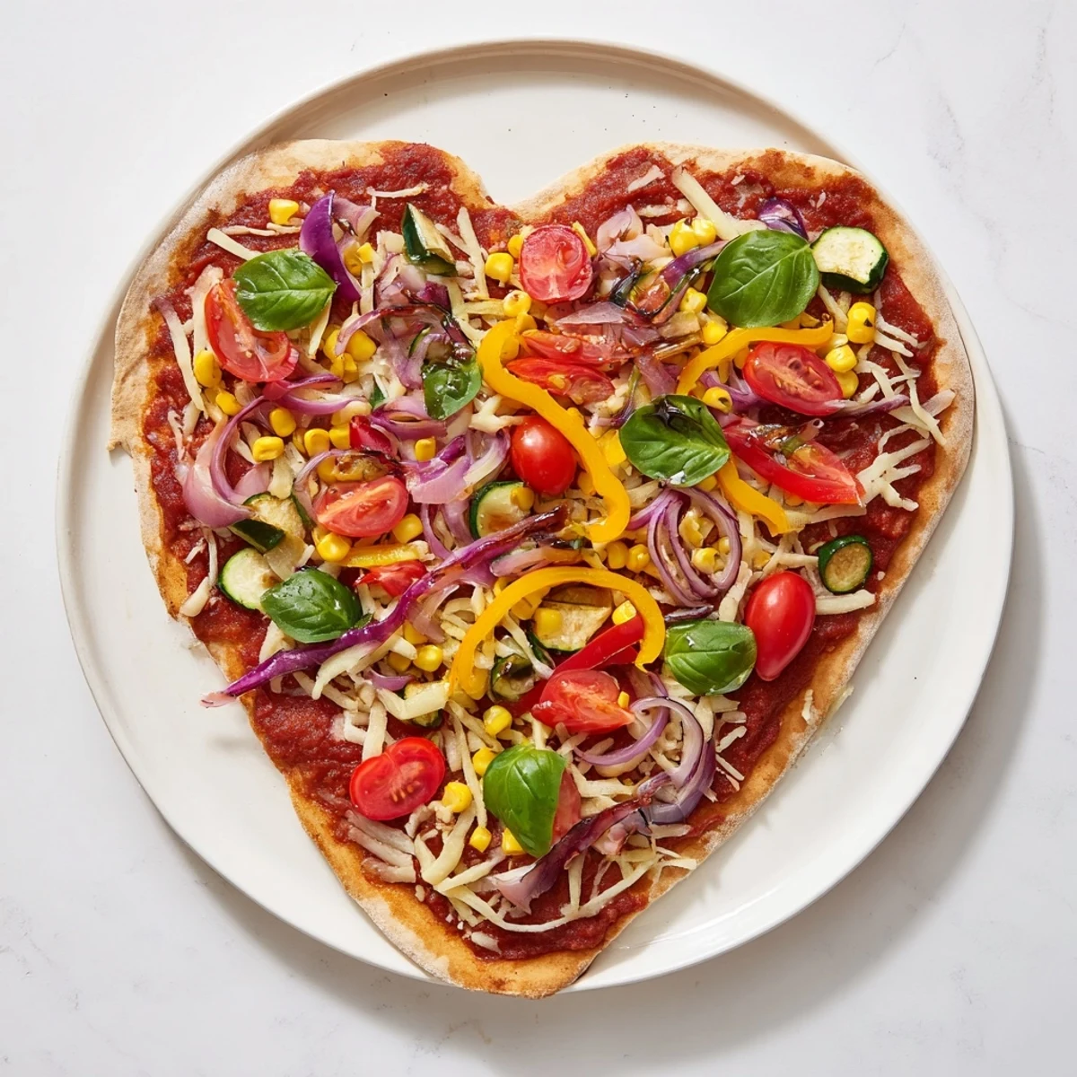 Close-up of Heart Shaped Vegetable Pizza showing colorful cherry tomatoes and crisp, golden crust.
