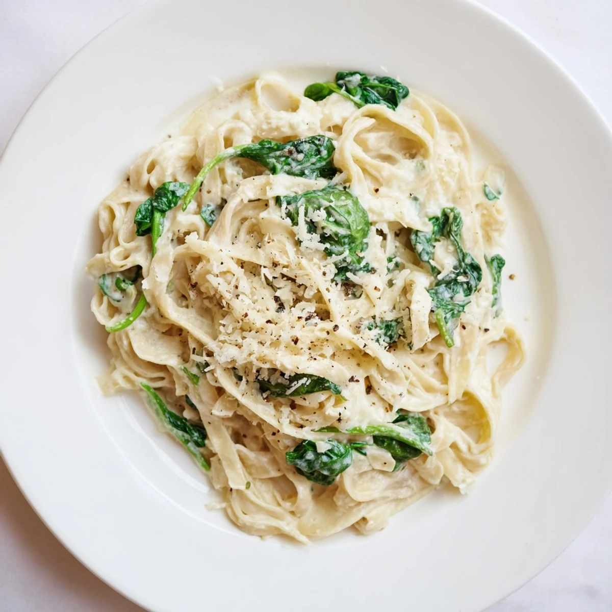 A close-up of creamy spinach pasta with garlic, showcasing tender green spinach leaves coated in a luscious cream sauce in a white bowl.