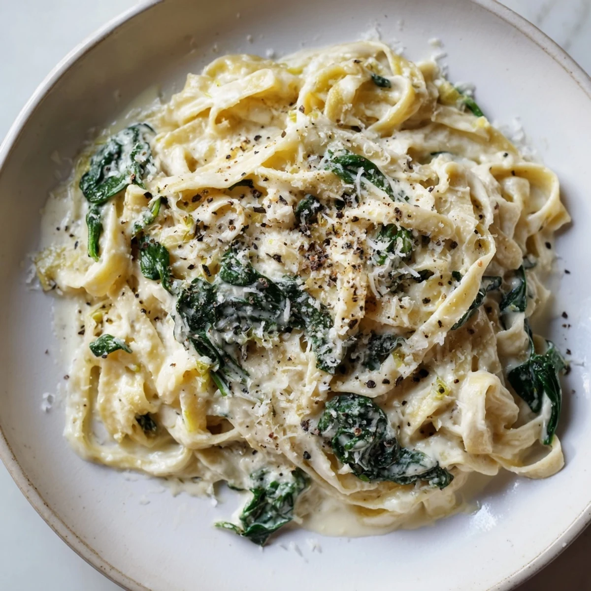 Steam rises from the dish, highlighting the glossy fettuccine and wilted spinach for a comforting, warm meal.