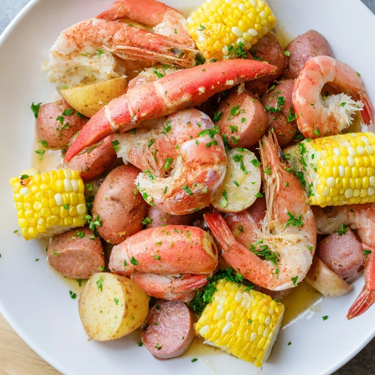 Steamy Cajun Seafood Boil with bright corn and shellfish, finished with lemon wedges and melted butter.