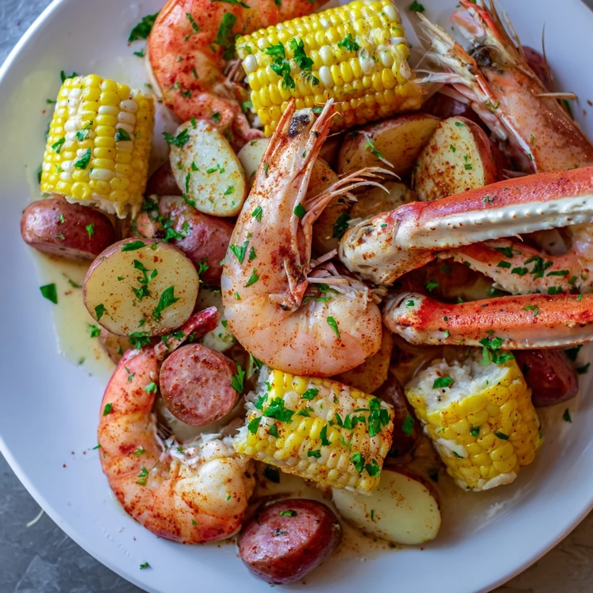 Heaping Cajun Seafood Boil with corn, potatoes, and shrimp on a newspaper-lined platter.