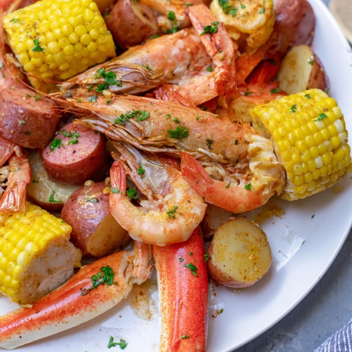 Family-style Cajun Seafood Boil featuring crab legs and spicy sausage, ready for a Southern-inspired feast.