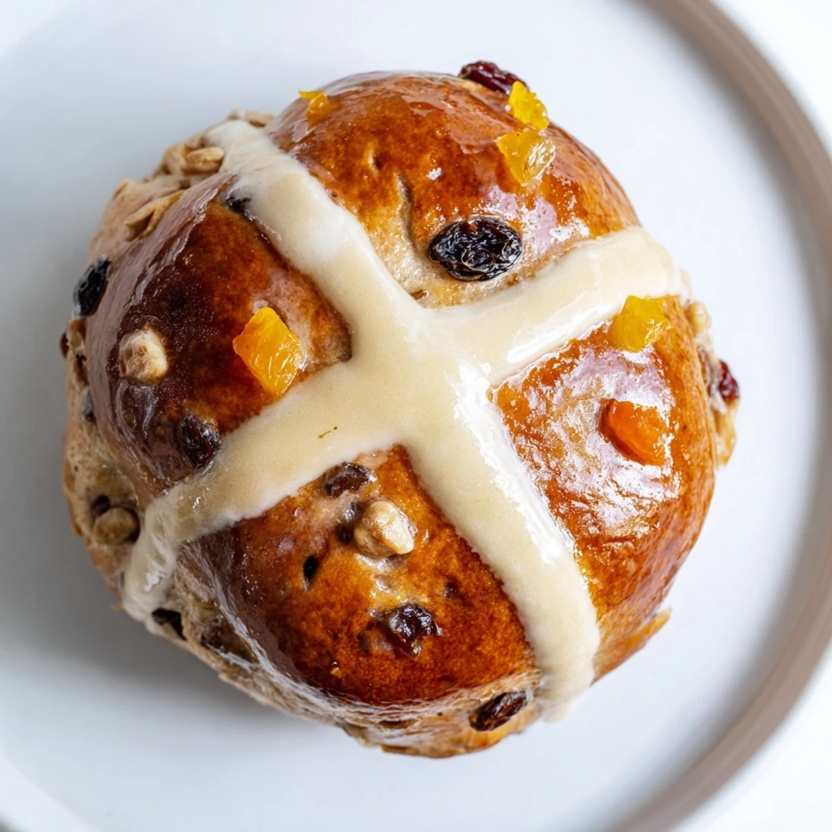 Freshly baked Easter Hot Cross Buns on a rustic wooden table, their golden-brown tops glistening with apricot glaze and aromatic spices filling the air.  