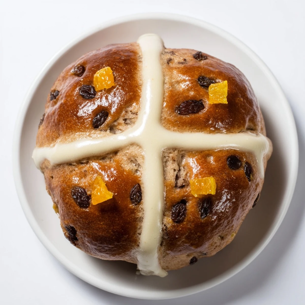 Twelve soft, spiced Easter Hot Cross Buns arranged on a cooling rack, each featuring a distinctive white flour cross and studded with colorful dried fruit.  