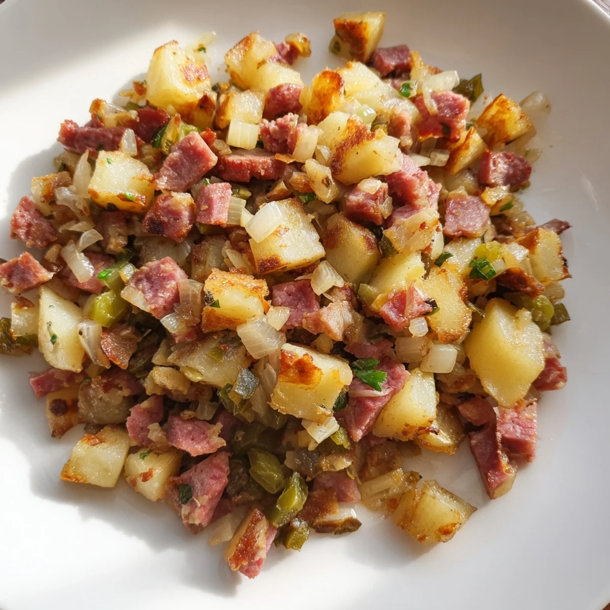 A hearty Corned Beef Hash with Potatoes sizzling in a cast iron skillet with caramelized onions, bell peppers, and fresh parsley garnish for a savory brunch.  
