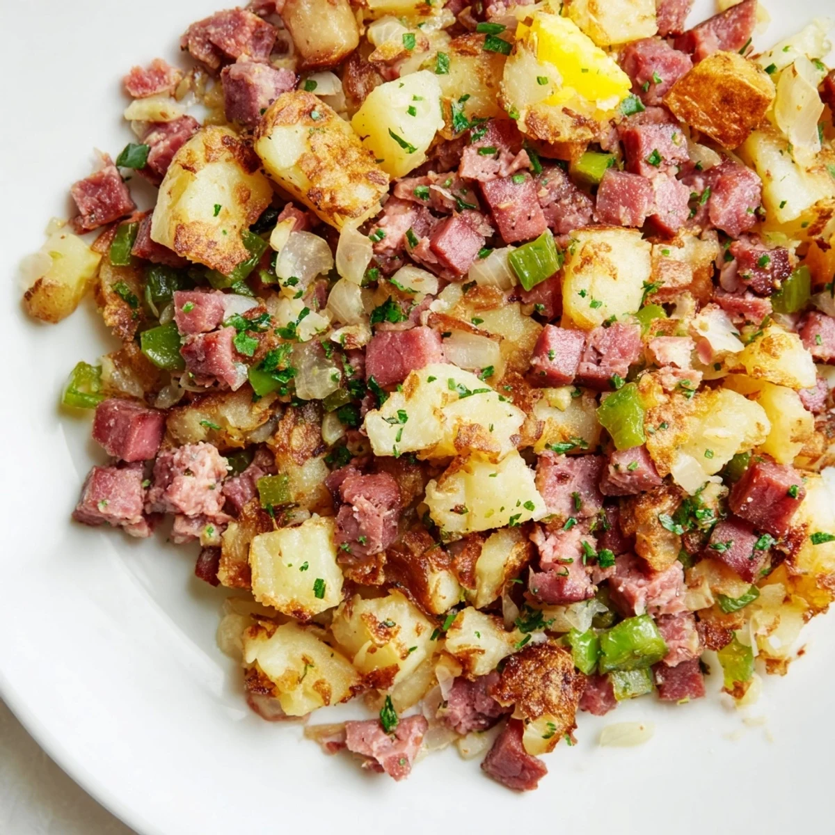 Golden crispy Corned Beef Hash with Potatoes topped with a sunny-side-up egg, served alongside toast and fresh greens on a rustic wooden table.  