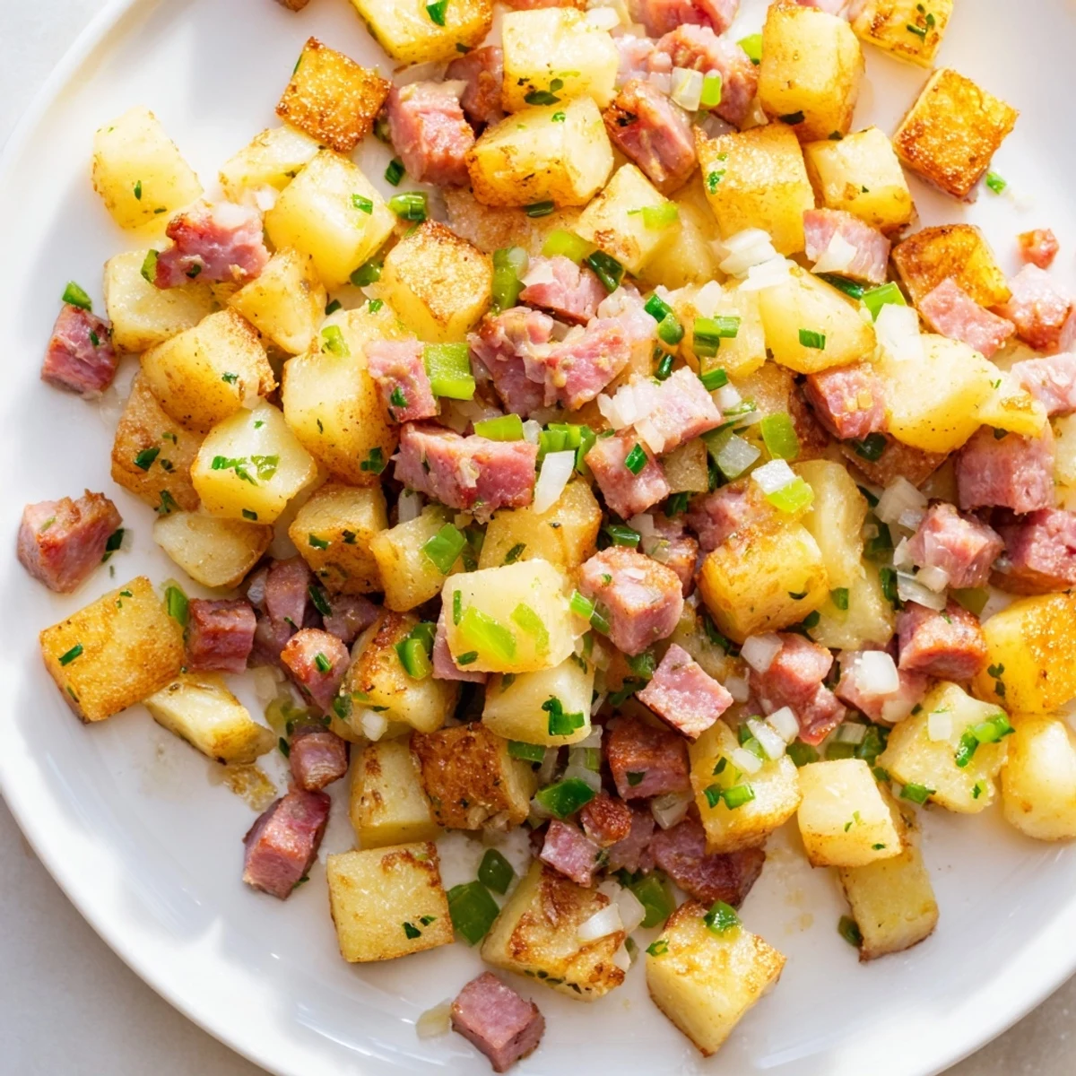 Close-up of delicious Corned Beef Hash with Potatoes featuring tender corned beef chunks, crispy potatoes, and sautéed vegetables for an easy American breakfast.