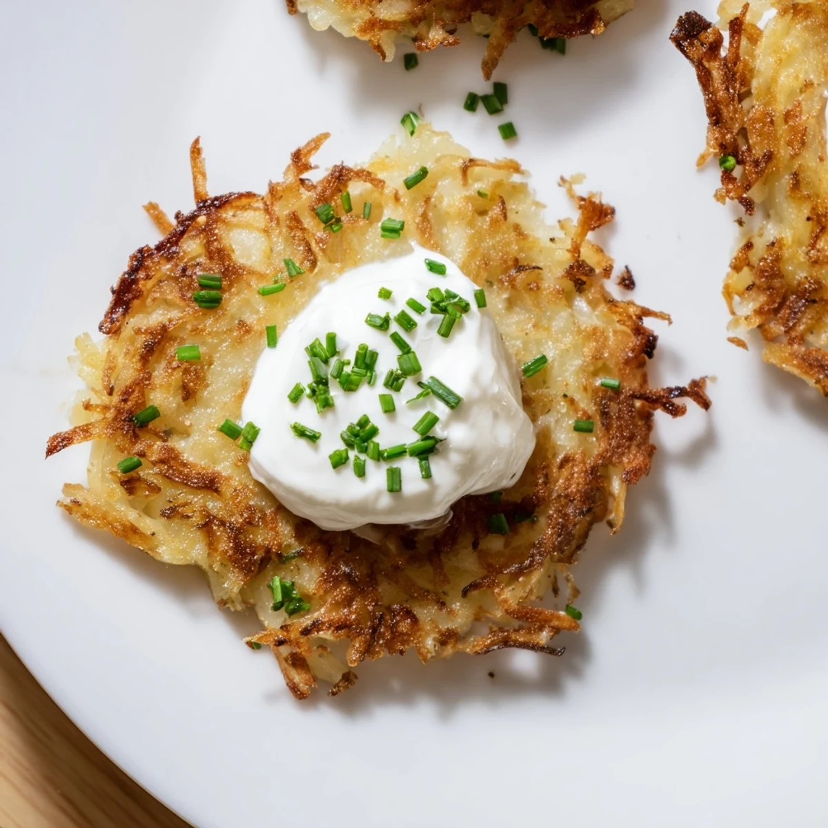 Golden-brown Irish Boxty with Sour Cream pancakes sit stacked on a white plate, garnished with fresh chives and a creamy dollop.