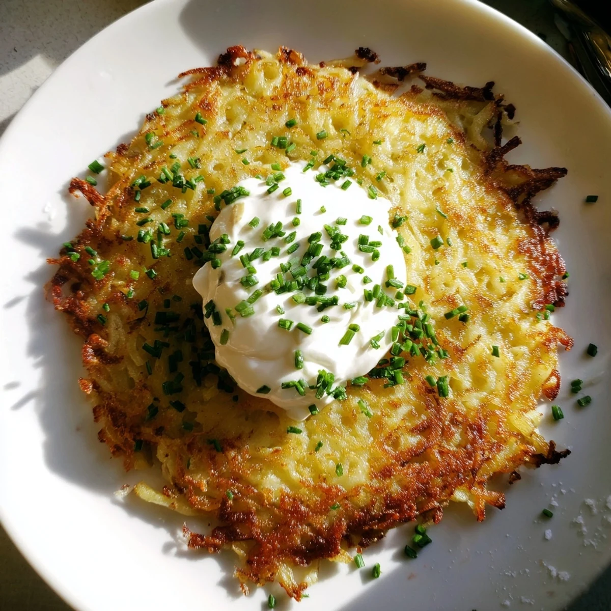 Sizzling Irish Boxty with Sour Cream pancakes cook in a skillet, their crispy edges promising a tender, potato-filled center.