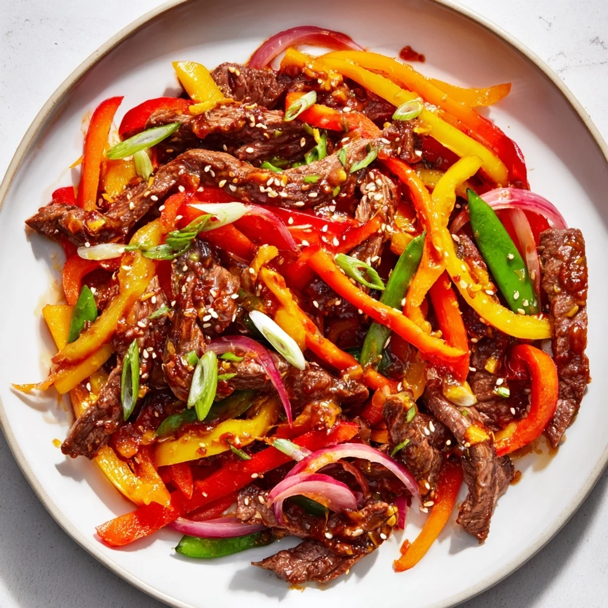 Sizzling strips of beef and colorful vegetables in a glossy, spicy sauce fill the pan, ready to be served over steamed rice for a quick weeknight dinner.