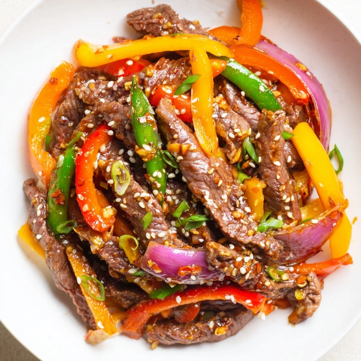 Fresh red and yellow bell peppers with crisp snap peas mingle with tender beef in this vibrant, homemade spicy beef stir fry with vegetables.